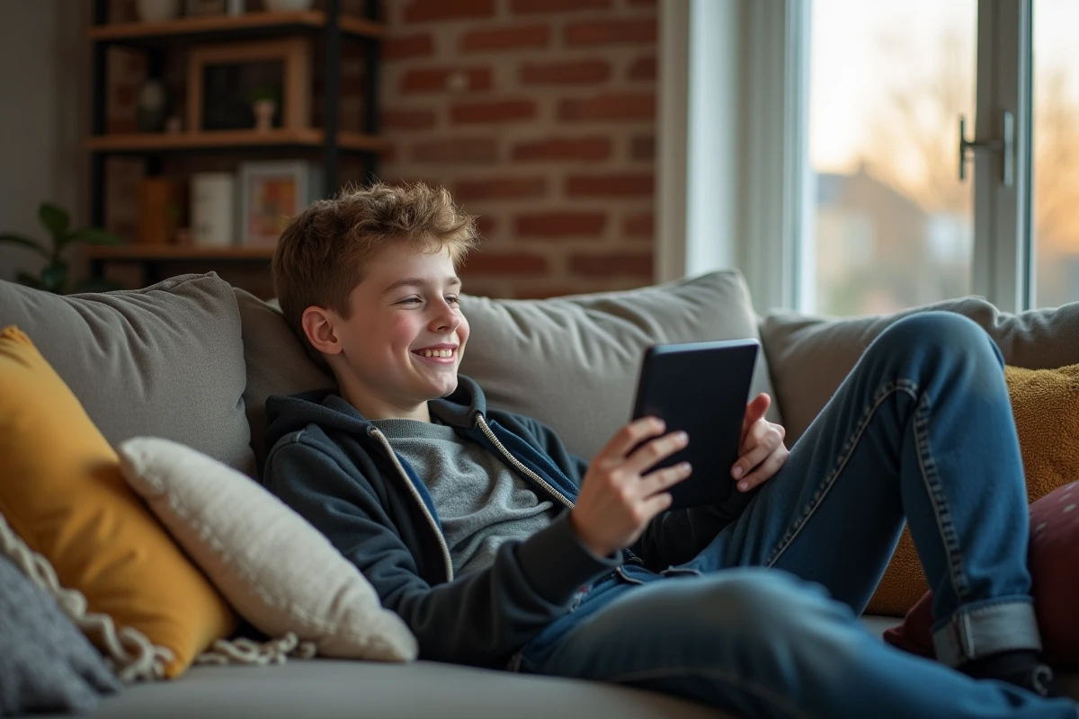 Adolescent détendu regardant une série sur une tablette