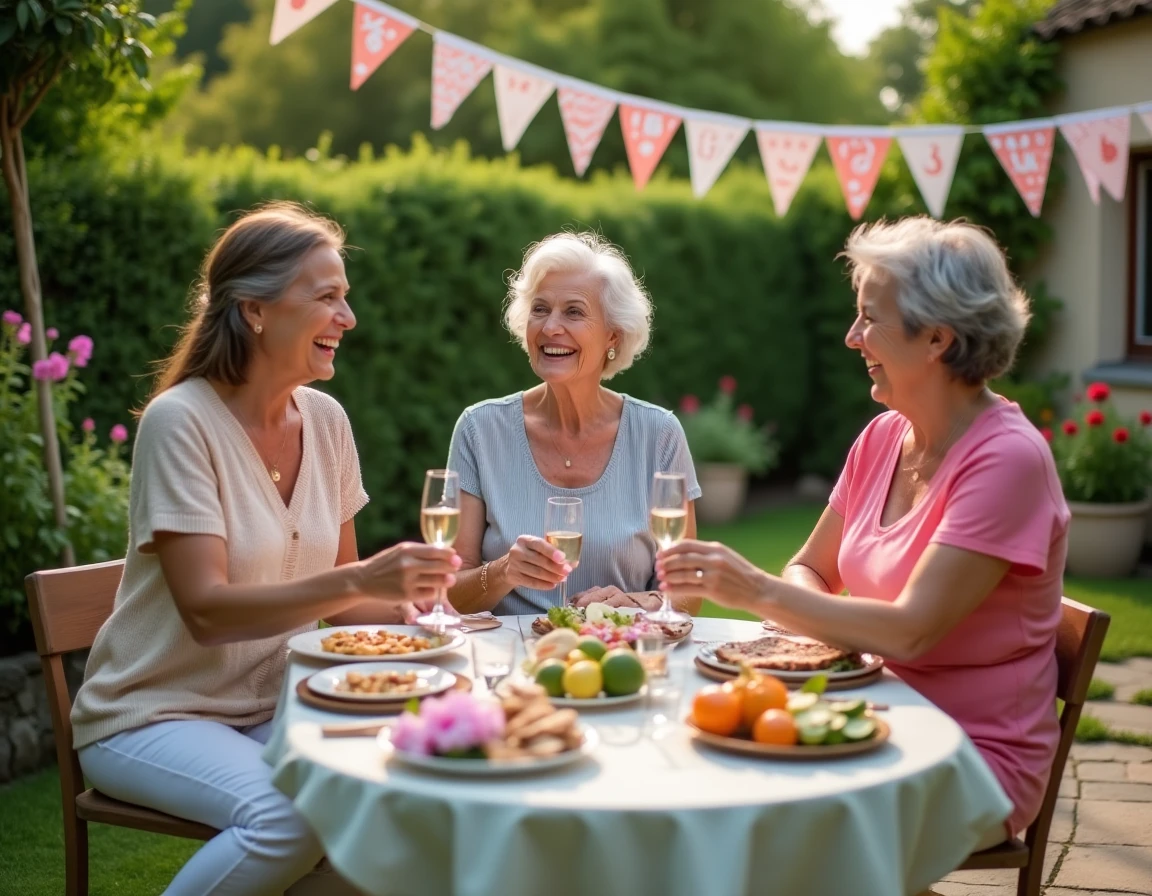 Groupe d'amies célébrant les 60 ans avec humour dans un jardin décoré de ballons et banderoles