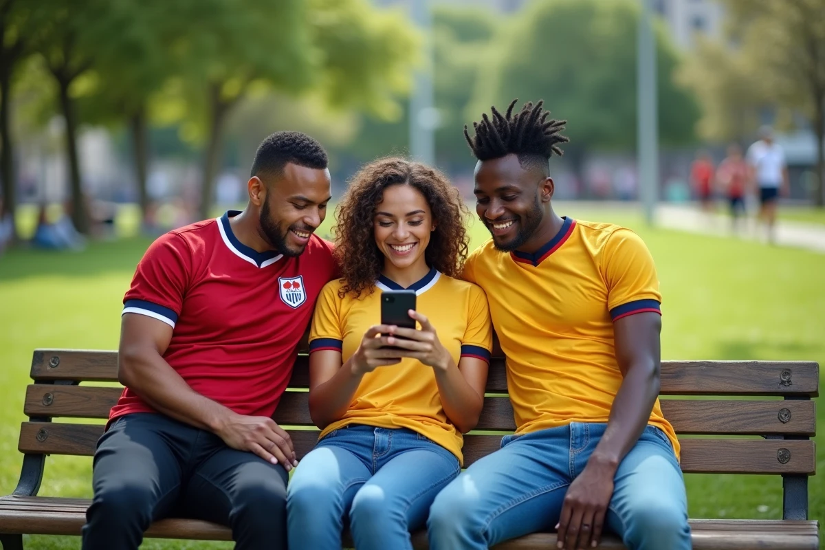 Trois amis discutant dans un parc en été