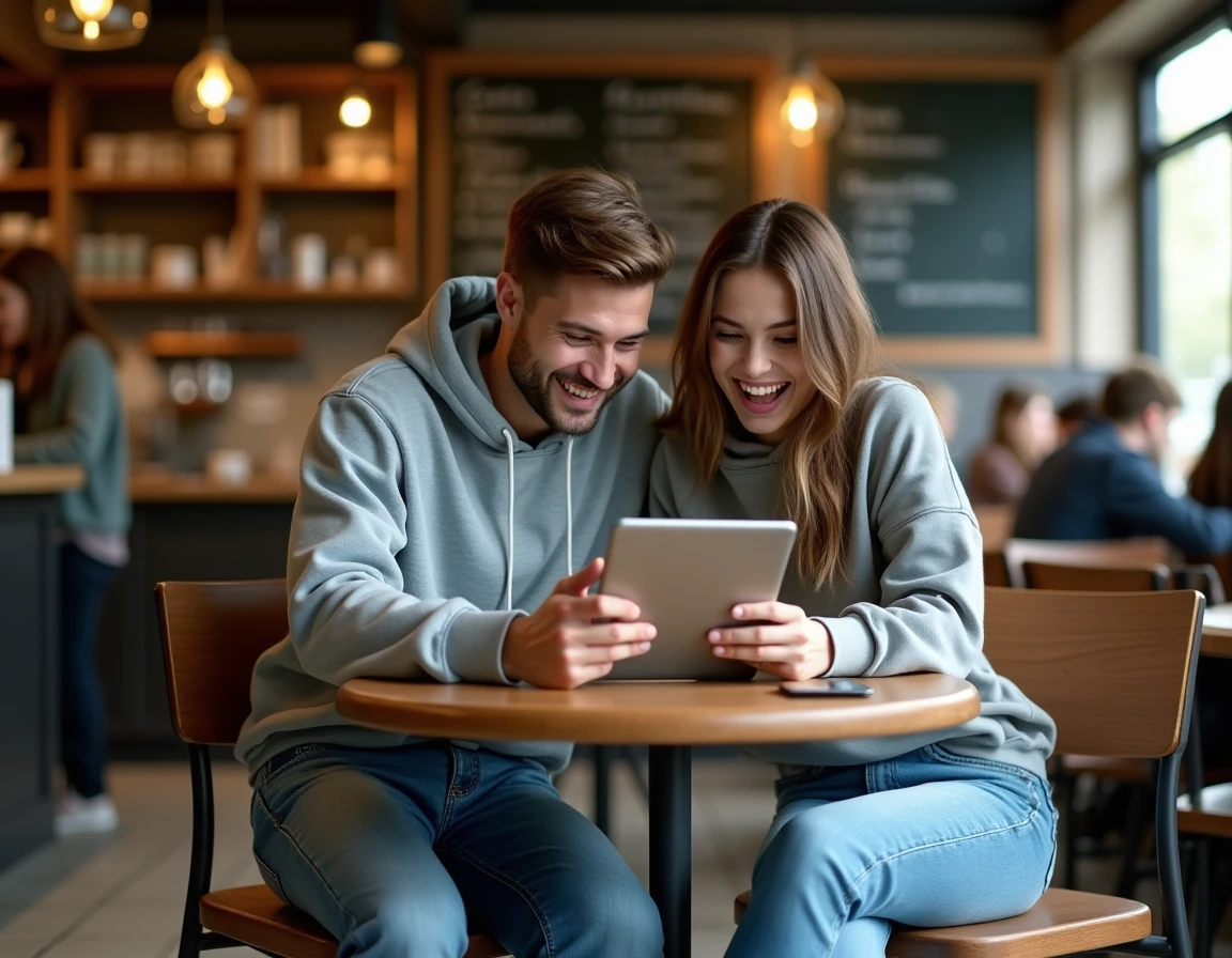 Deux amis jouant ensemble à un jeu en ligne gratuit sur une tablette dans un café moderne