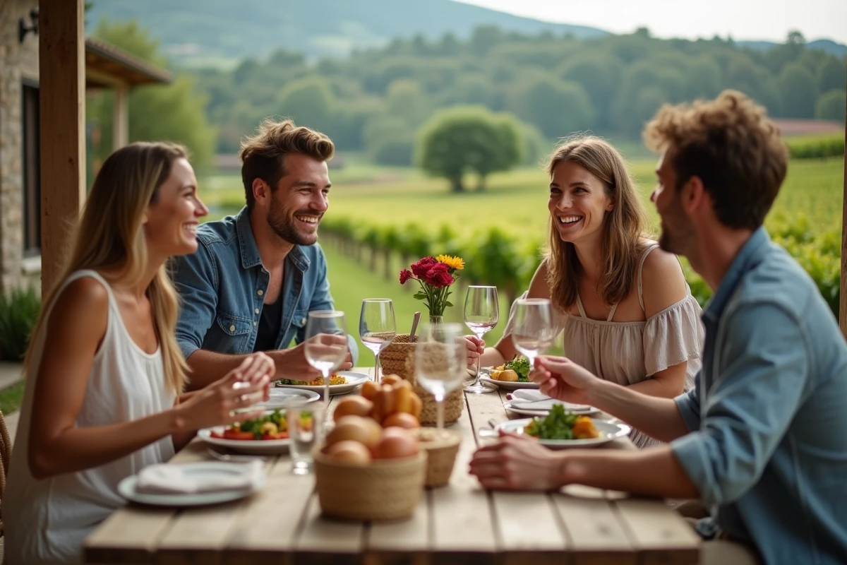 Groupe d amis partageant un repas en plein air dans la vigne