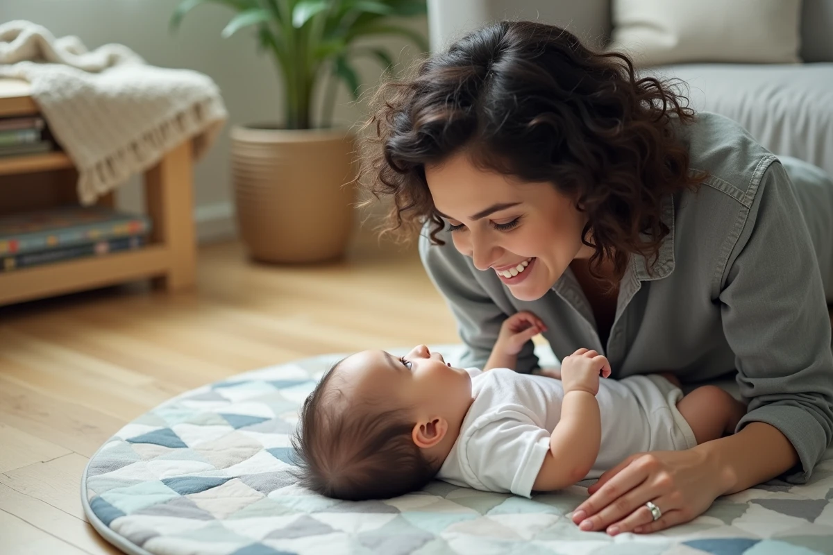 Maman se penchant vers son bébé de quatre mois allongé sur un tapis d'éveil, moment de reconnaissance mutuelle et de communication visuelle entre mère et enfant