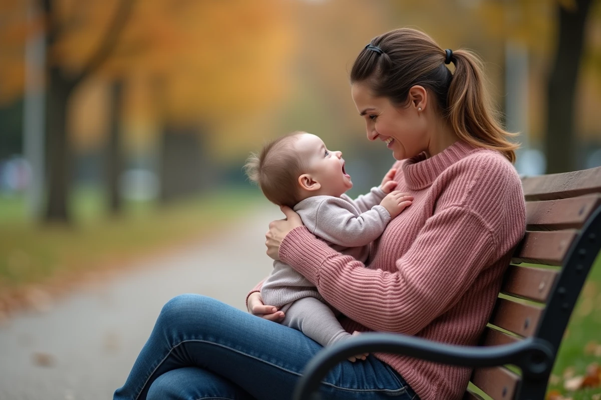 Mère assise sur un banc de parc en automne avec son bébé de six mois qui se retourne vers elle avec un sourire, illustrant la reconnaissance de la maman par le nourrisson