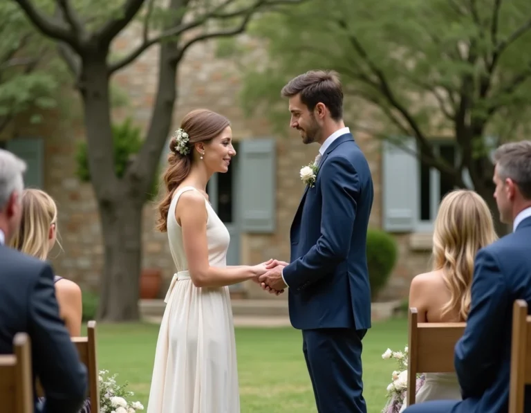 Couple échangeant leurs vœux lors d'une cérémonie de mariage humaniste en plein air dans la campagne française