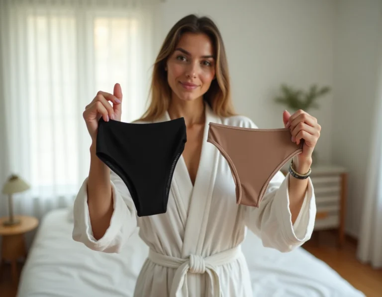 Jeune femme tenant un collant opaque et une culotte seamless dans une chambre, comparant les deux vêtements pour savoir lesquels porter ensemble