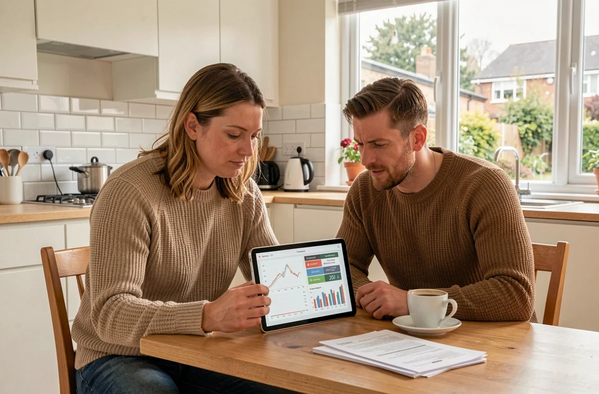Couple consultant une tablette avec des graphiques de comparaison de crédits dans une cuisine moderne