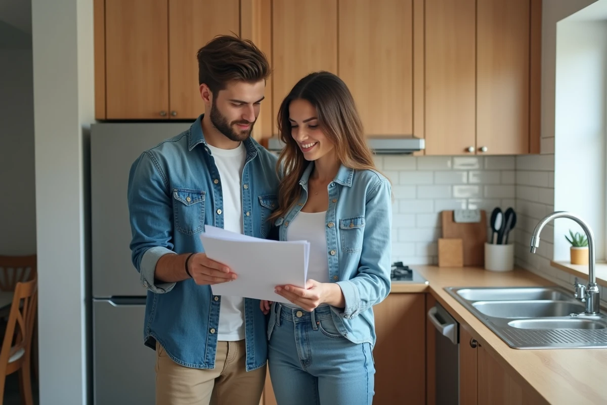 Jeune couple parlant de documents dans la cuisine moderne