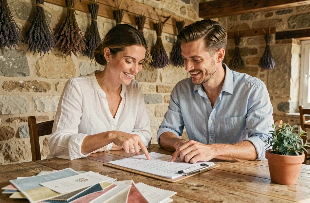 Couple de futurs mariés révisant leur liste de planification de mariage dans une ferme provençale rustique