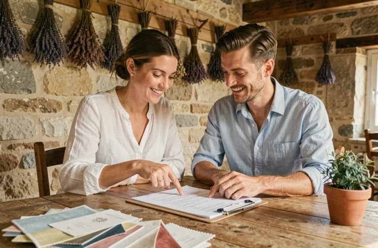 Couple de futurs mariés révisant leur liste de planification de mariage dans une ferme provençale rustique