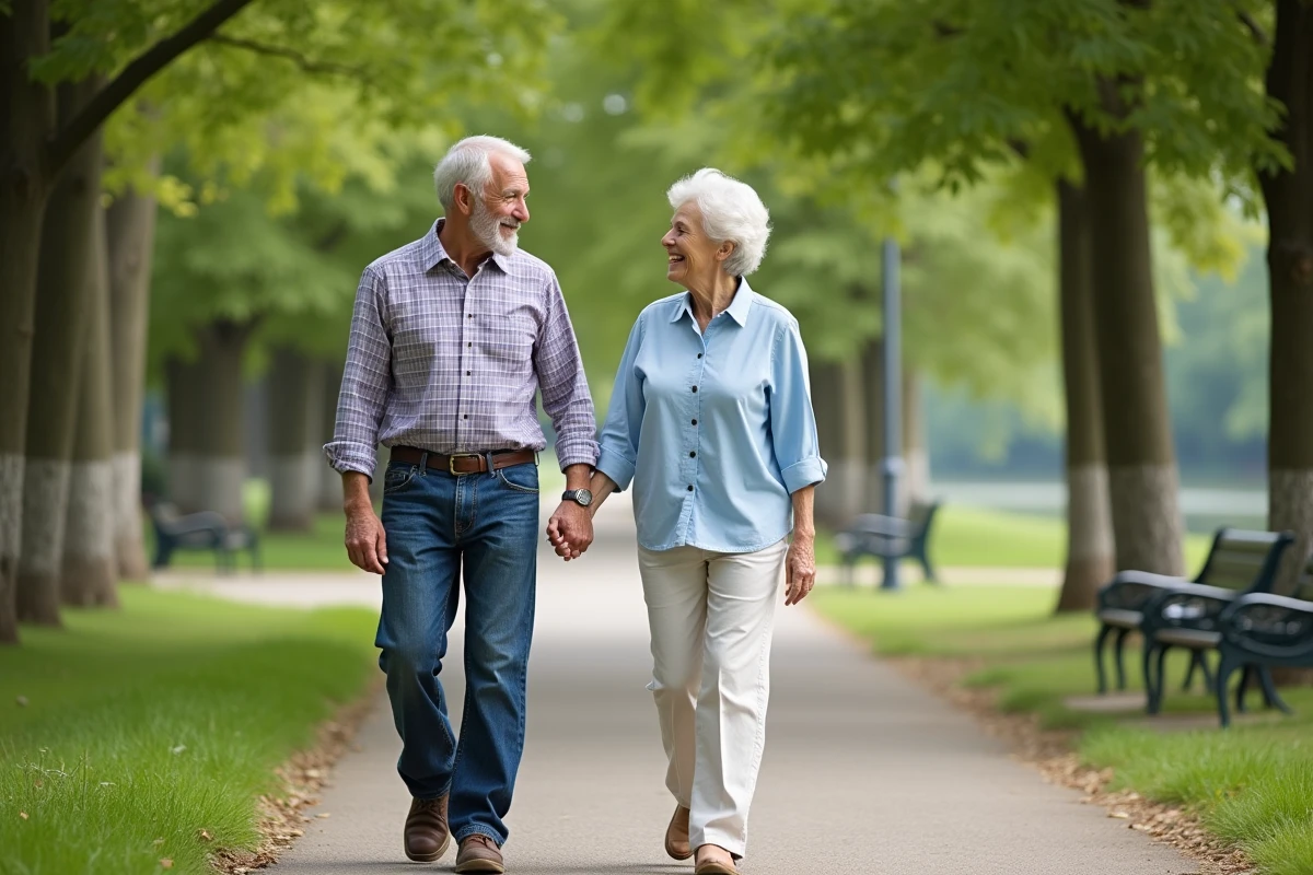 Couple retire se promenant main dans la main dans un parc