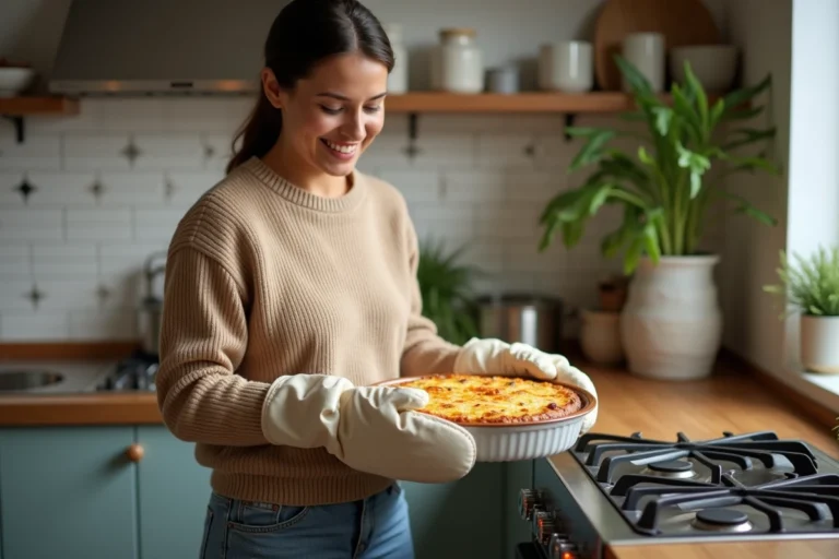 Femme sortant un gratin du four dans la cuisine chaleureuse