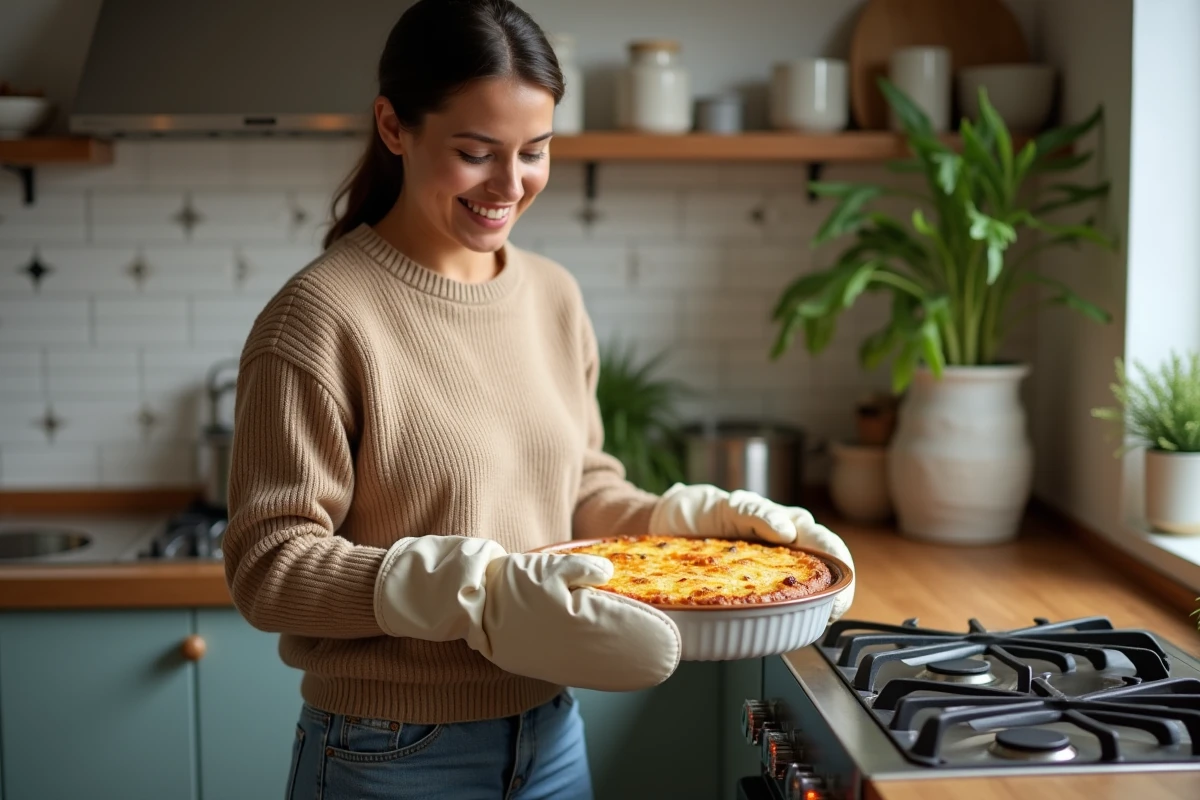 Femme sortant un gratin du four dans la cuisine chaleureuse