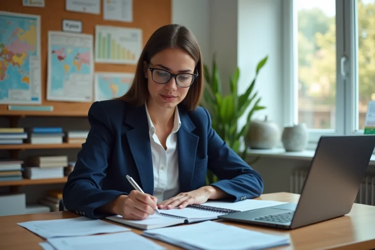 Enseignante qui prépare une formation pour organiser un voyage scolaire, assise à un bureau avec des brochures et un ordinateur portable