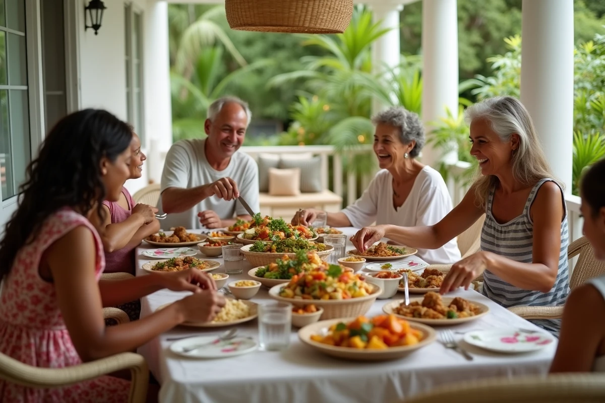 Famille multigeneration partageant un repas creole dans une veranda lumineuse