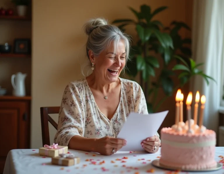 Femme de 60 ans riant en lisant une carte d'anniversaire humoristique entourée de confettis et de cadeaux