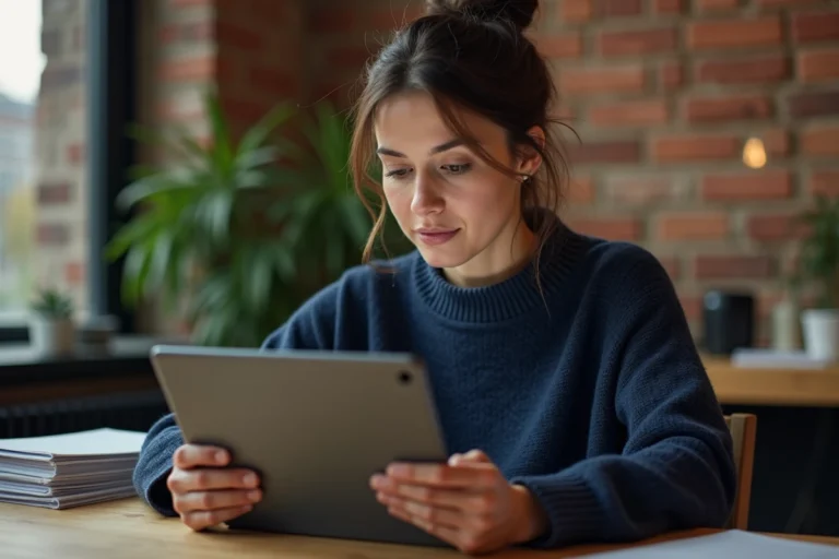 Femme consultant les dernières actualités web sur une tablette dans un bureau moderne