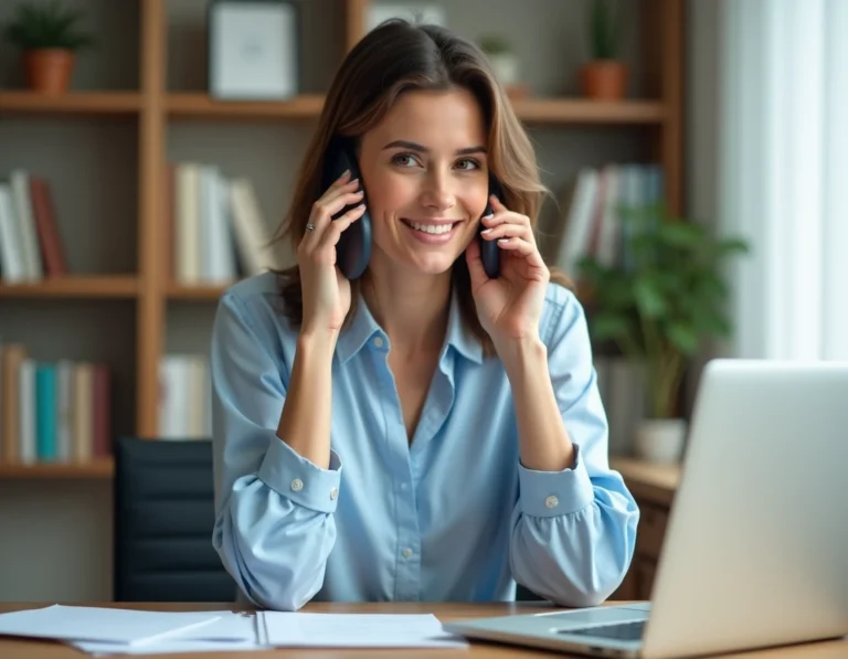 Une femme appelle l'agence Famille SNCF depuis son bureau à domicile avec un smartphone