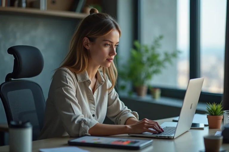 Femme au bureau travaillant sur son ordinateur portable