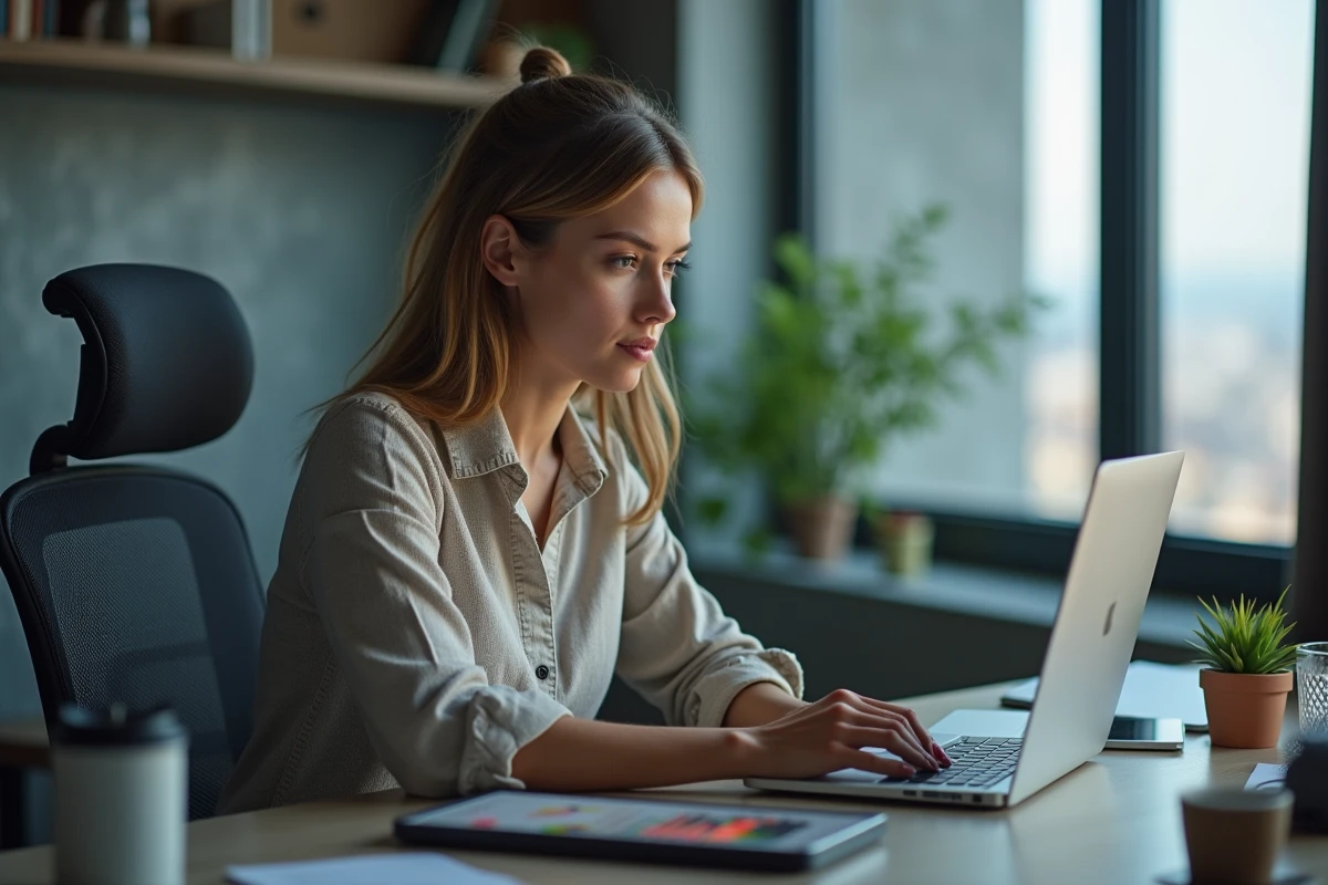 Femme au bureau travaillant sur son ordinateur portable