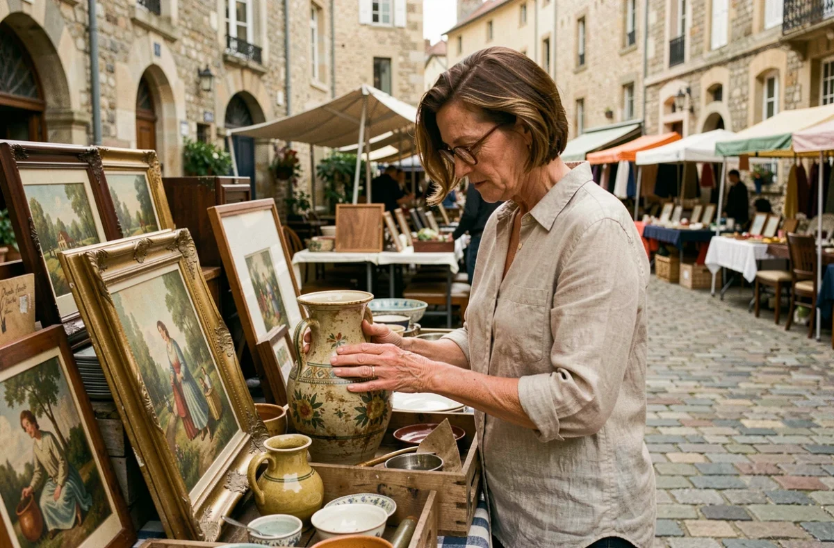 Femme chinant un vase ancien sur un vide grenier en plein air dans une ville française