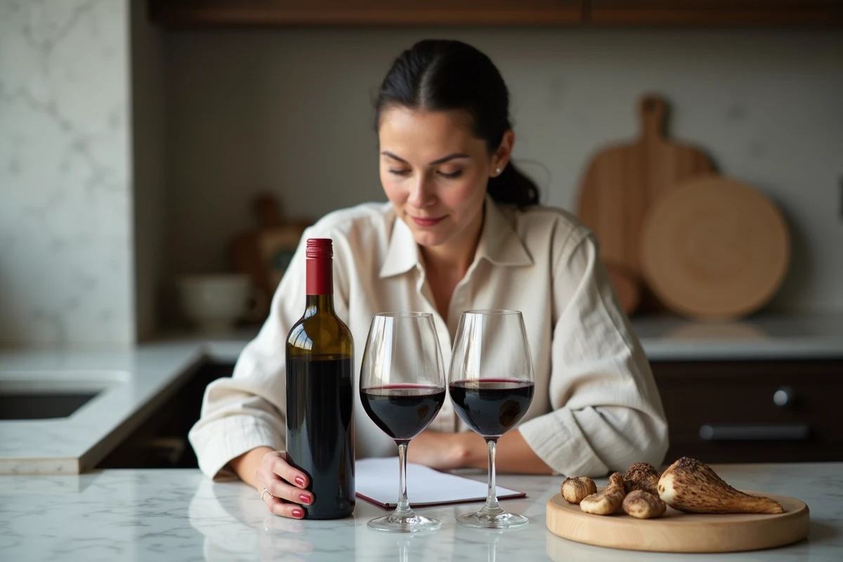 Femme comparant deux bouteilles de vin rouge pour choisir le meilleur accord avec le veau aux morilles