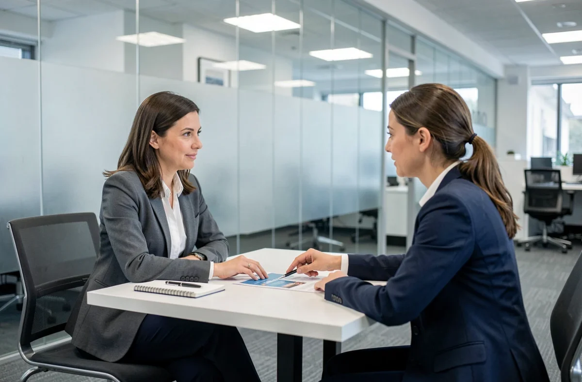 Femme en blazer consultant un conseiller bancaire pour choisir un type de crédit en agence