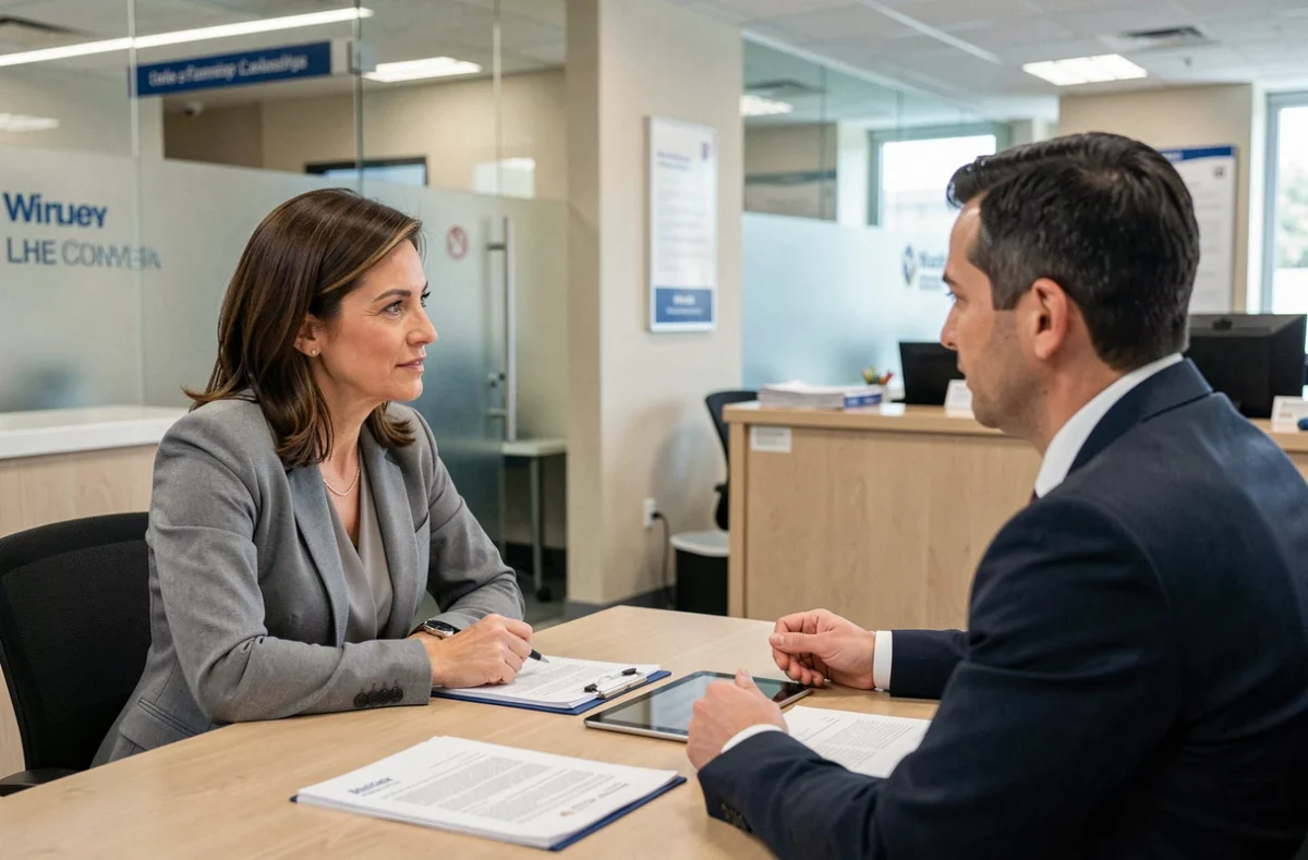 Femme consultant un conseiller bancaire pour un dossier de crédit dans une agence moderne