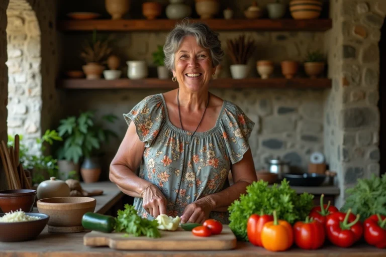 Femme creole joyeuse coupant des légumes frais dans une cuisine rustique