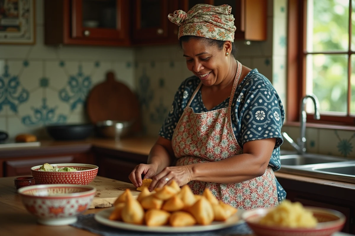 Femme creole préparant des samoussas dans une cuisine réunionnaise