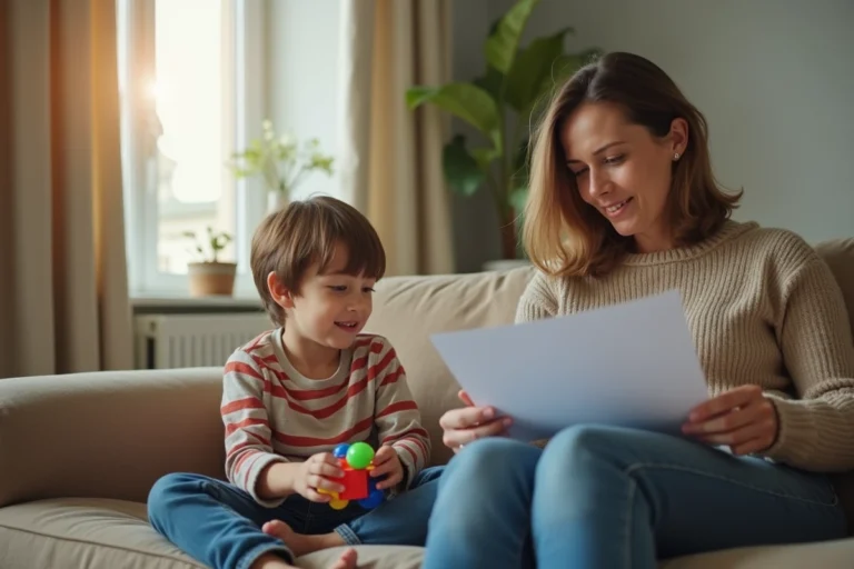 Femme et enfant discutant de papiers dans un salon lumineux