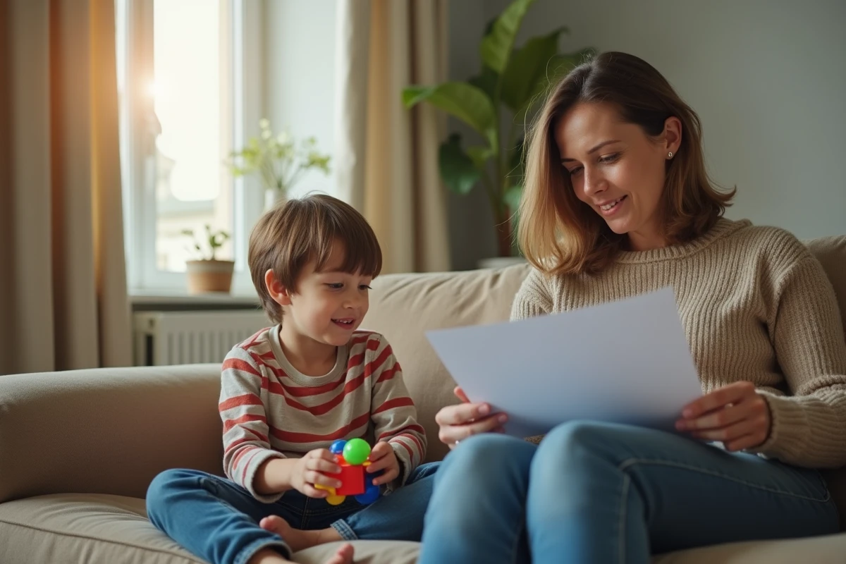 Femme et enfant discutant de papiers dans un salon lumineux