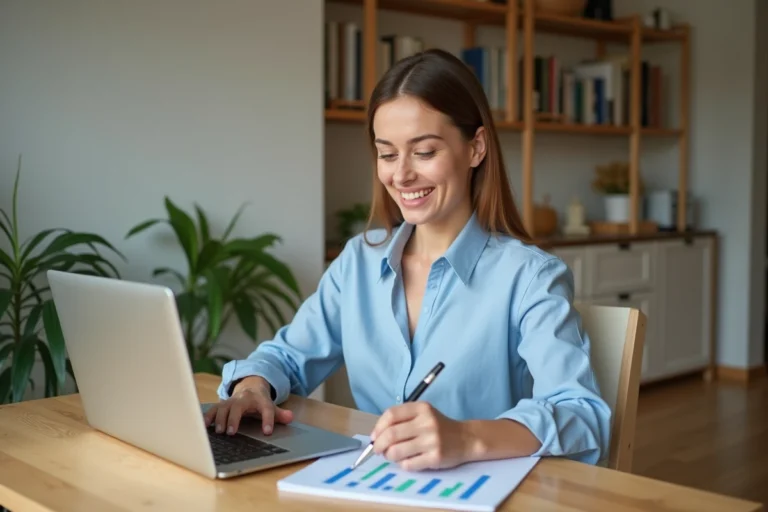 Femme souriante en finance personnelle à la maison
