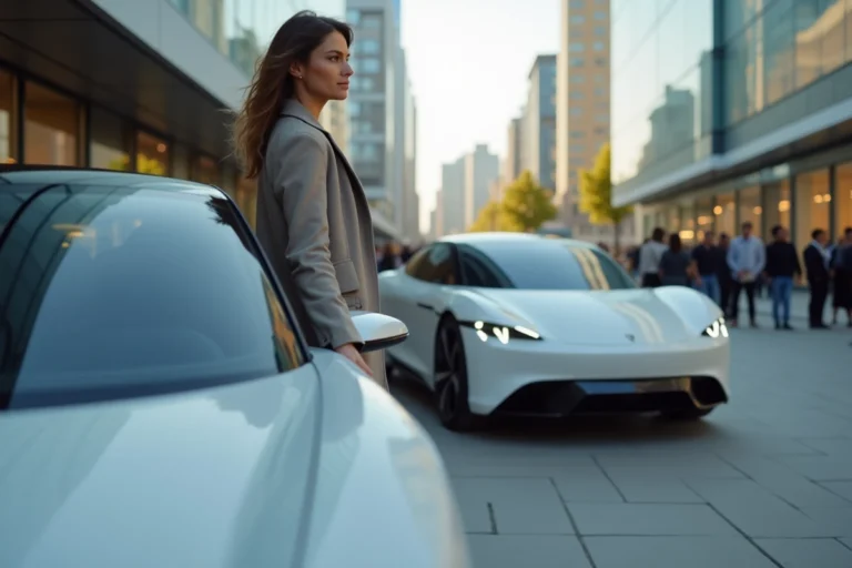 Femme élégante admirant une voiture électrique futuriste en ville