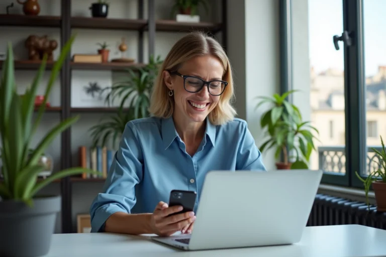 Femme souriante avec ordinateur et smartphone face à un appartement parisien