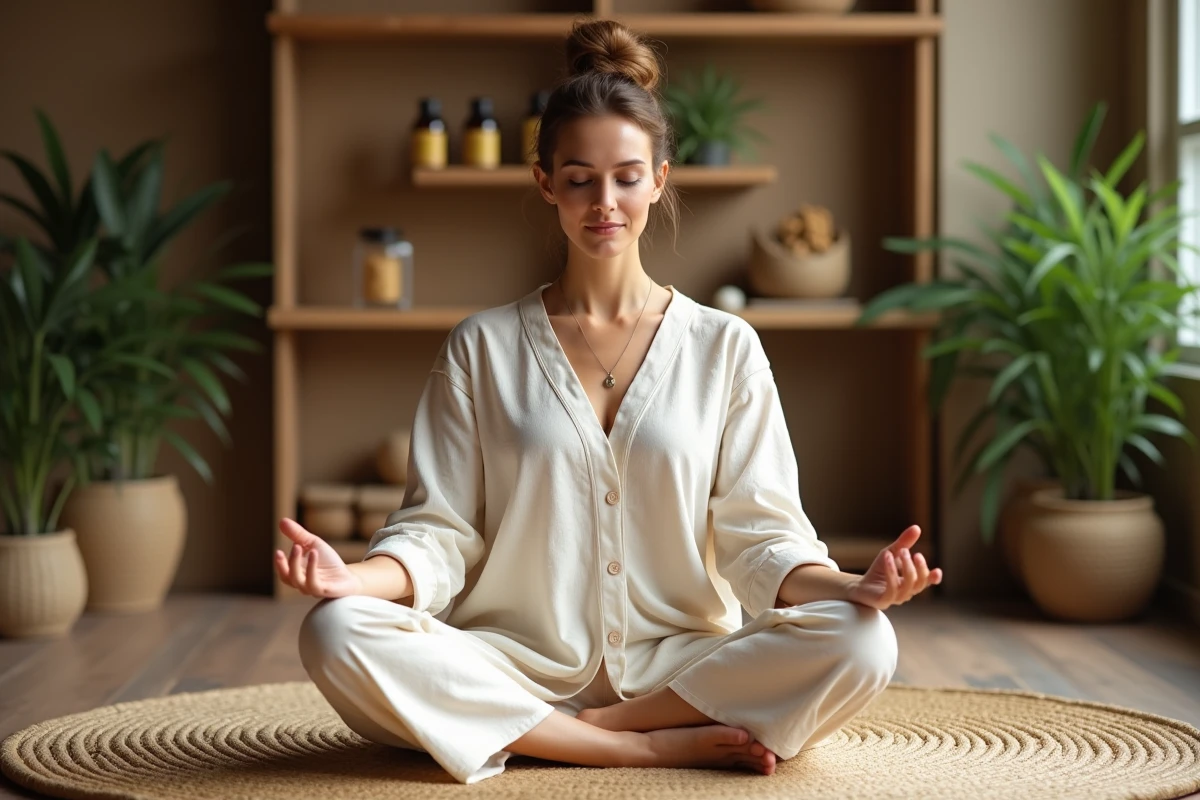 Femme pratiquant la méditation dans un studio de bien-être avec des huiles essentielles et des plantes naturelles
