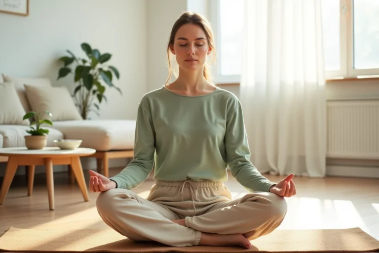 Femme en méditation sur un tapis de yoga dans un salon minimaliste scandinave pour booster le bien-être quotidien