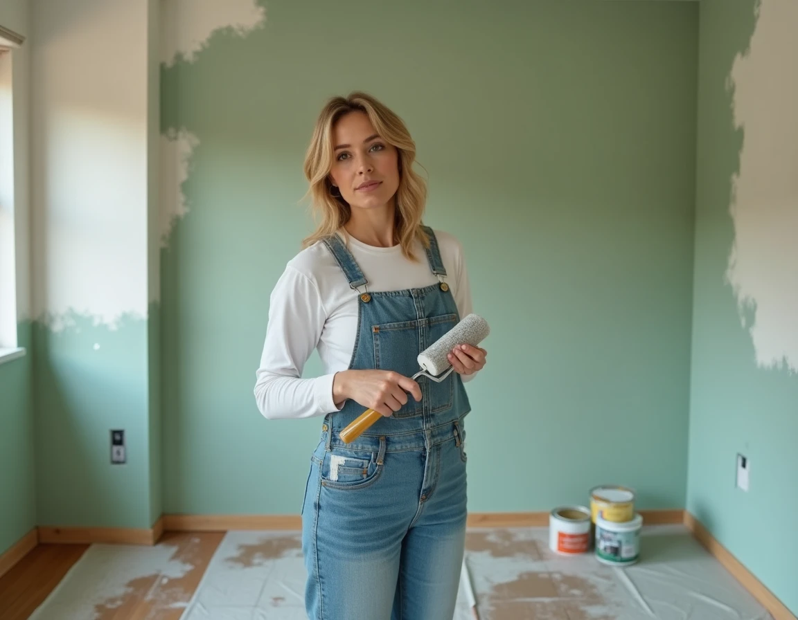 Femme peignant un mur en vert sauge dans un salon en cours de rénovation avec des bâches de protection