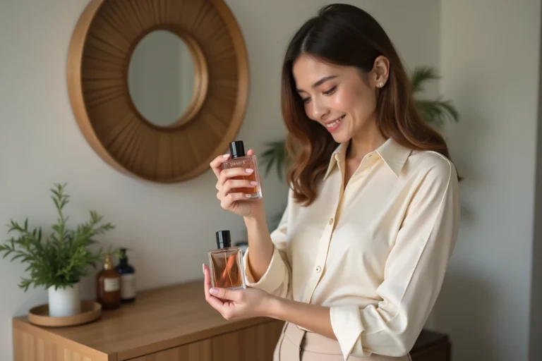 Femme testant parfum dans un intérieur moderne