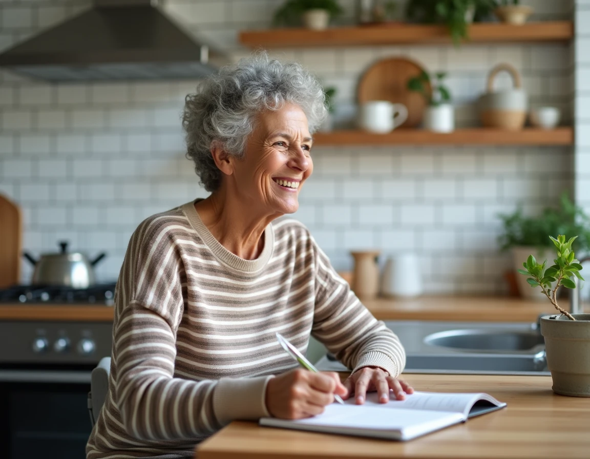 Femme de 60 ans souriante qui rédige un discours humoristique d'anniversaire dans un carnet dans sa cuisine