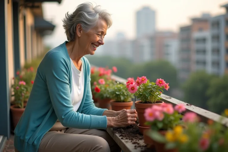 Femme senior souriante entre fleurs sur balcon ensoleille