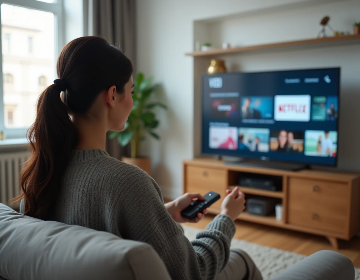 Femme parcourant un service VOD sur sa télévision intelligente depuis son salon moderne