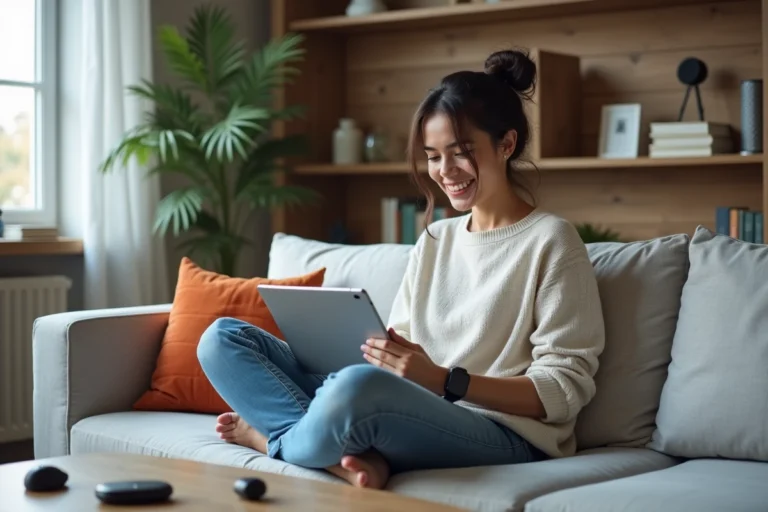 Jeune femme souriante utilisant une tablette dans un salon cosy