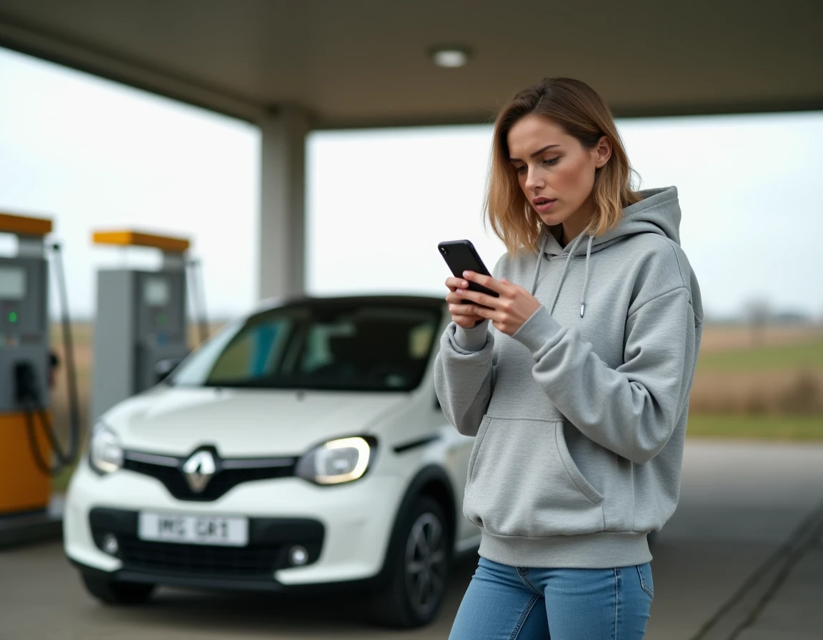 Femme consultant son téléphone à côté d'une Twingo 3 blanche dans une station-service en campagne