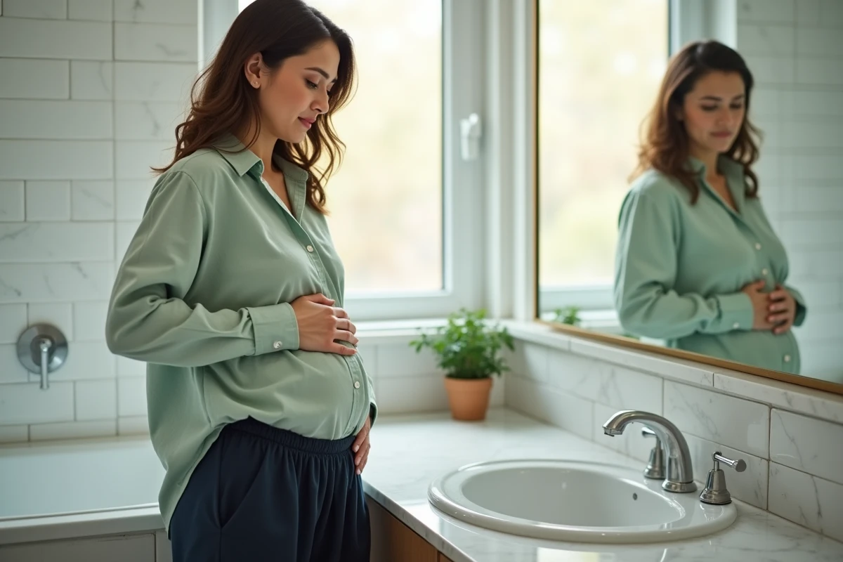 Femme se regardant dans un miroir de salle de bain avec les mains sur un ventre ballonné
