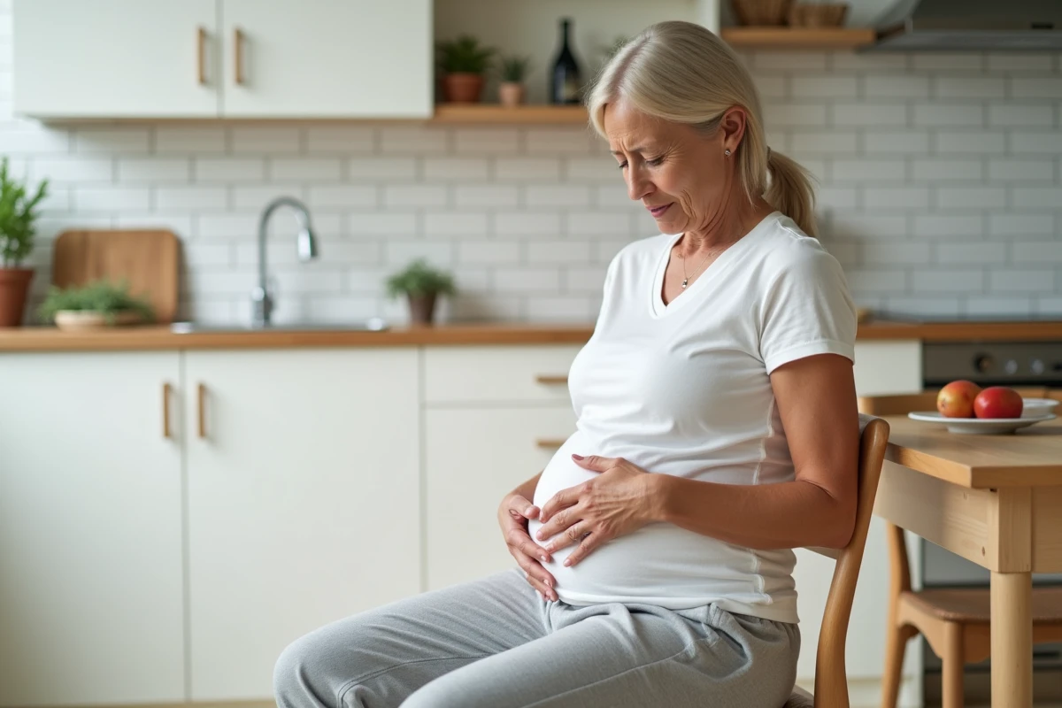 Femme tenant son ventre gonflé dans une cuisine moderne, exprimant une gêne abdominale