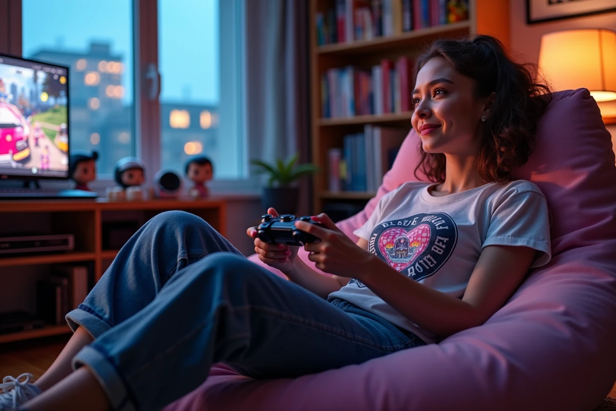 Jeune femme jouant à un jeu vidéo dans un salon cosy