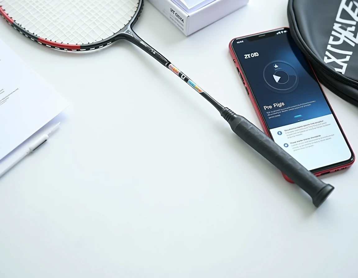 Vue à plat d'une raquette Yonex avec son autocollant d'authentification, un smartphone et un reçu pour vérification