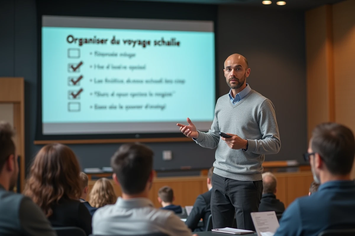 Formateur présentant les étapes clés pour organiser un voyage scolaire lors d'une session de formation professionnelle