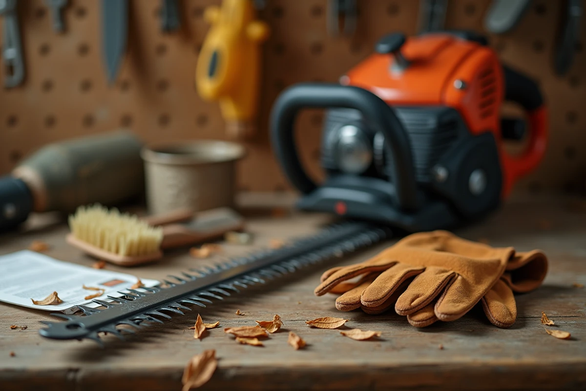 Gros plan d'un taille-haie thermique professionnel posé sur un établi en bois avec des gants de sécurité et accessoires d'entretien