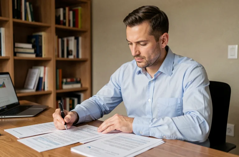 Homme en chemise bleue analysant des documents de crédit sur un bureau en bois dans un bureau à domicile moderne
